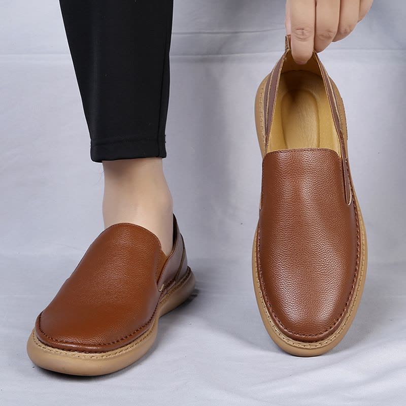 套脚男鞋春季软底中老年父亲休闲西装透气软面皮鞋男士真皮爸爸图片