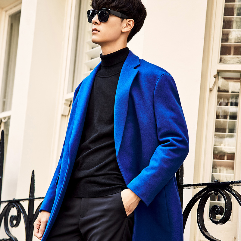 太平鸟冬季新款宝蓝色羊毛优雅潮流呢大衣男