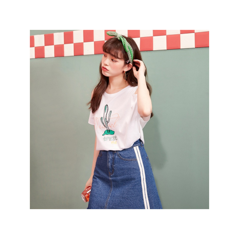 【专柜同款】拉夏贝尔夏新款韩版甜美印花休闲显瘦百搭圆领露肩短袖70010907 本白 S