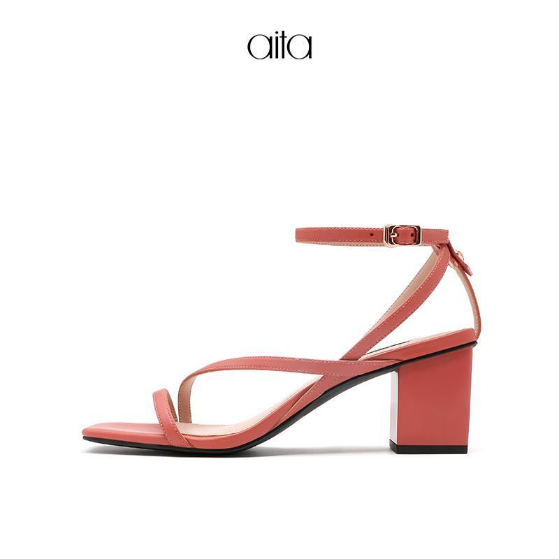 aita艾塔 夏季新款方头细带组合粗跟凉鞋中跟一字带罗马女鞋