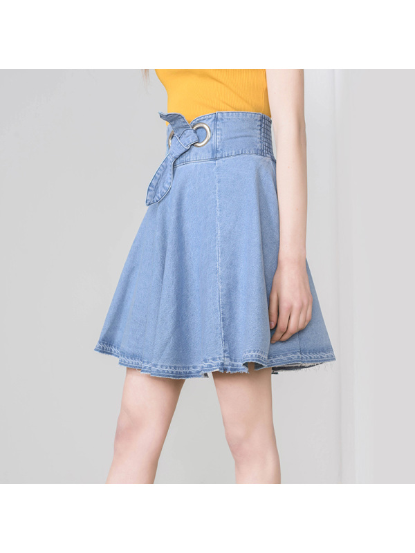 诗萌牛仔裙女2018夏季新品高腰显瘦a字裙百褶裙纯棉毛边半身裙女