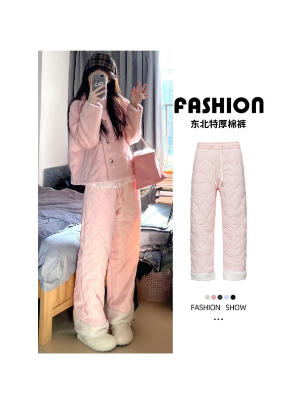 粉色特厚保暖裤女冬季加厚羊毛棉裤外穿东北零下防风加绒阔腿裤子