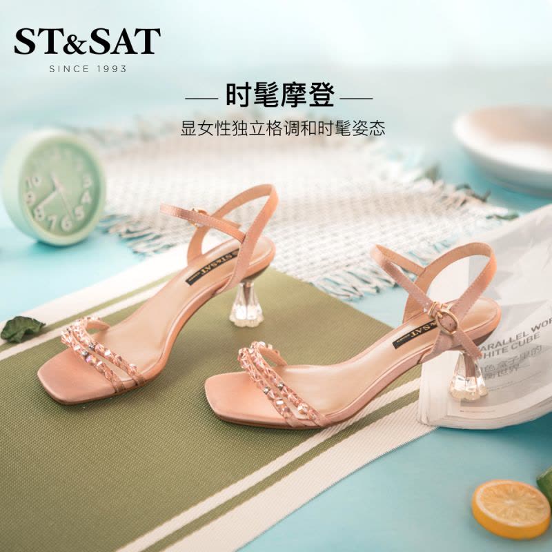 St&Sat/星期六高跟夏季新款一字带中后空露趾女凉鞋SS02115154图片