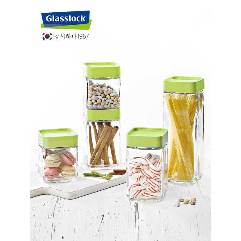 Glasslock韩国进口玻璃积木储物罐700ml IP605绿密封防漏食品储藏罐收纳保鲜盒透明玻璃厨房冰箱储物盒