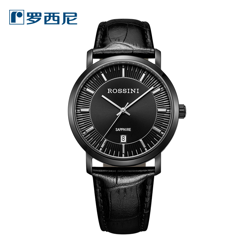 罗西尼rossini手表雅尊商务系列进口机芯牛皮表带酷黑个性皮革表带
