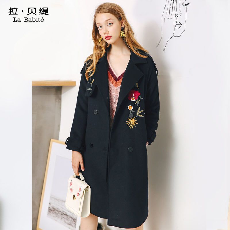 拉贝缇茧型毛呢外套女中长款秋季韩版翻领羊毛呢大衣加厚60006224