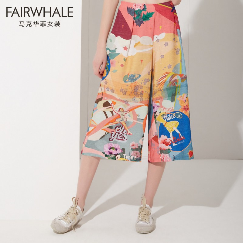 马克华菲女装2019夏休闲时尚印花七分裤 韩版宽松阔腿裤