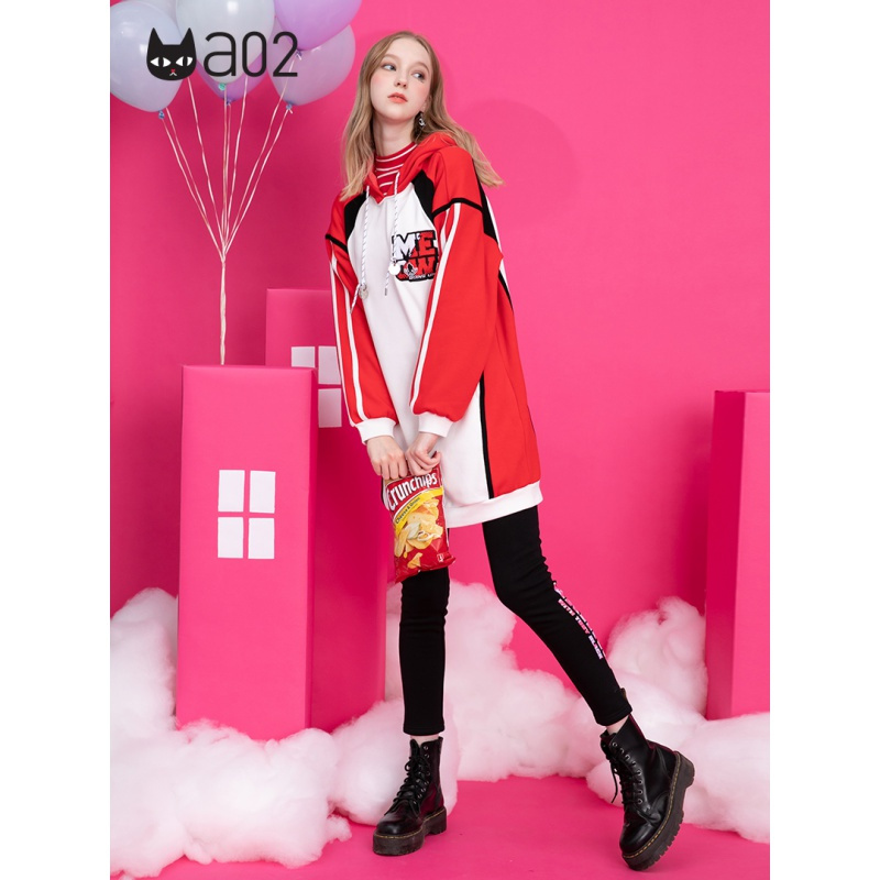 a02新款时尚刺绣撞色拼接连帽宽松连衣裙女潮D1U6D0551DR