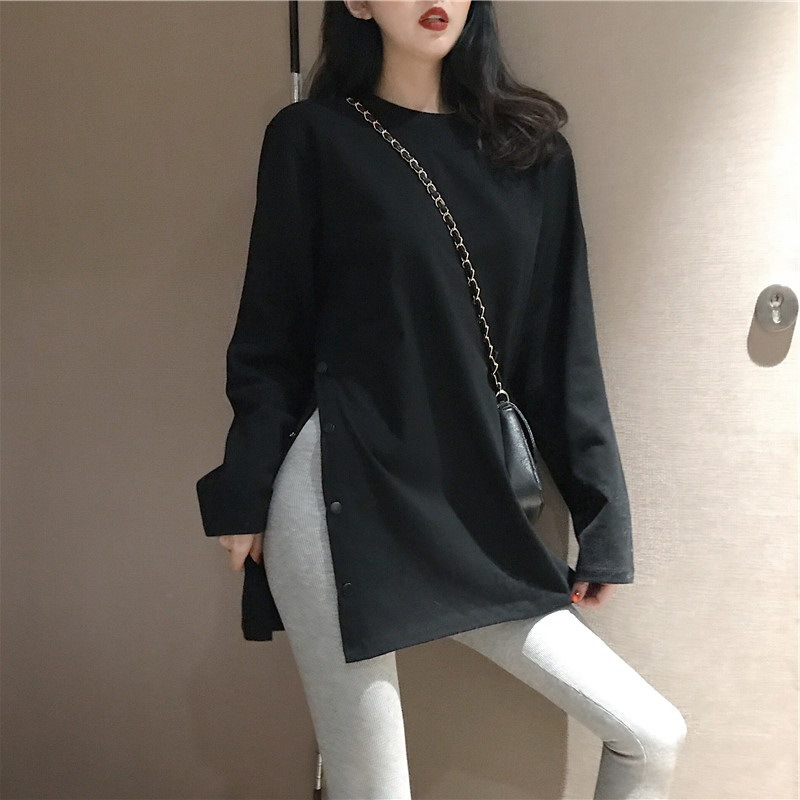 设计感韩国女装秋冬大码开叉打底衫中长款长袖白色T恤女纯色上衣