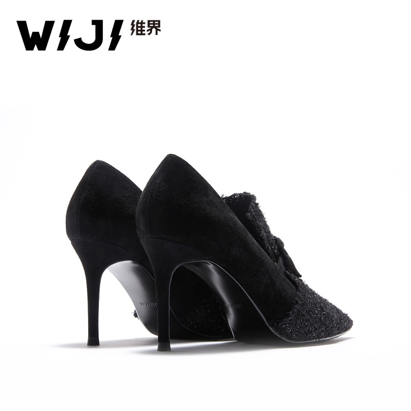WIJI女鞋2018维界新款秋季细跟浅口高跟鞋宴会舞鞋ins潮品水钻鞋