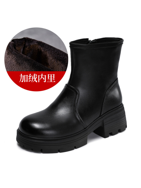 厚底真牛皮马丁靴女2026年秋季新款增高粗跟瘦瘦靴子英伦皮面短靴