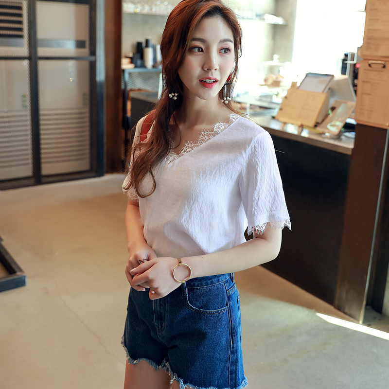 韩都衣舍2018夏装新款女装韩版纯色短袖拼接V领蕾丝衫JM8645蒖