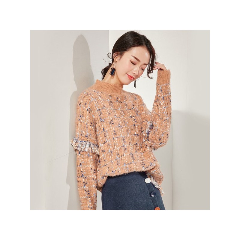 欧昵雪花色半高领宽松针织毛衣女粗毛线长袖毛边上衣