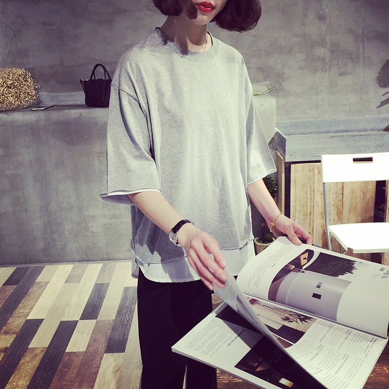 夏装新款韩版女装大码宽松纯侣假两件短袖T恤女式上衣小衫女