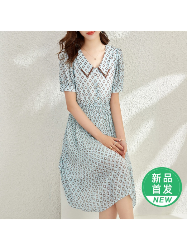 OUNIXUE欧昵雪 | [优雅格纹印花裙]夏季时尚撞色拼接翻领松紧压褶裙连衣裙女 花色 L