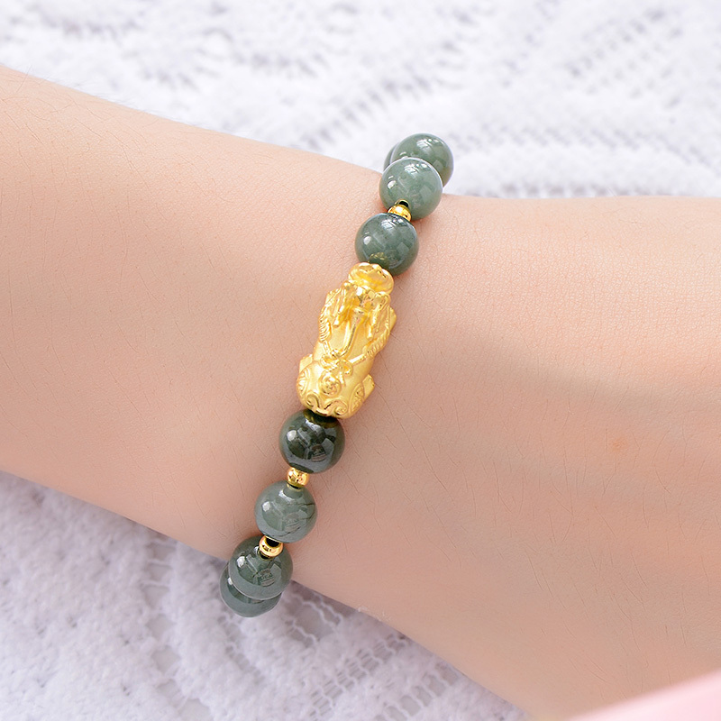 蒂蔻貔貅翡翠黄金手链女士款足金吉祥绿玉手串3d硬金手饰品生日礼物
