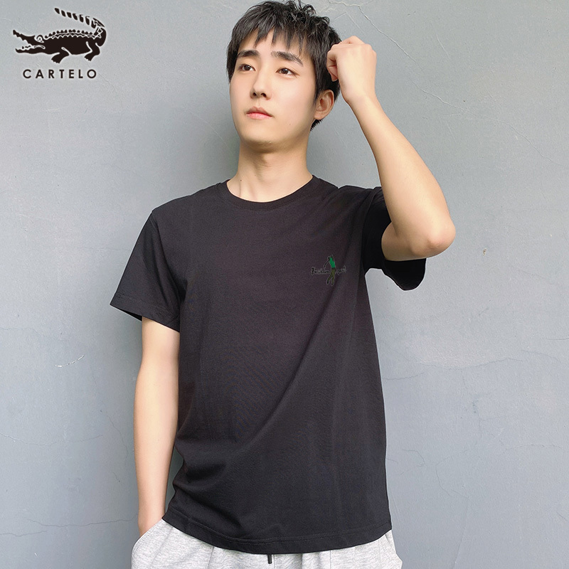 卡帝乐鳄鱼(100%棉) 夏季新款男士黑色短袖圆领T恤高尔夫印花时尚百搭