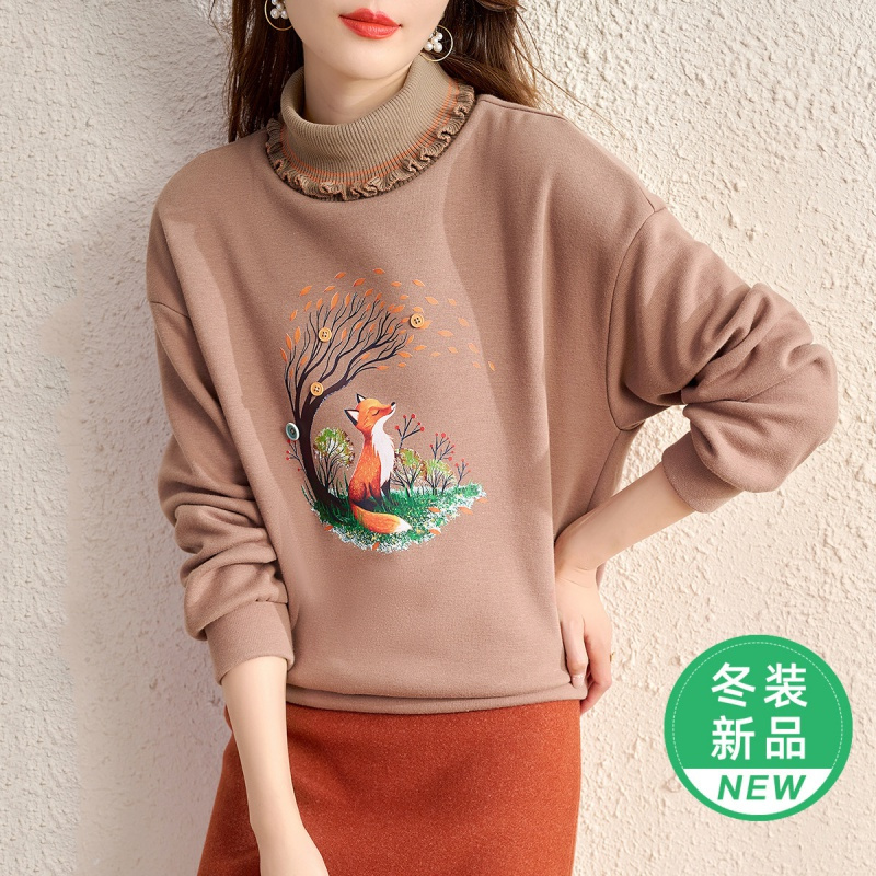 OUNIXUE欧昵雪 | [狐狸烫图休闲上衣]冬季减龄加绒半高领长袖宽松女士卫衣