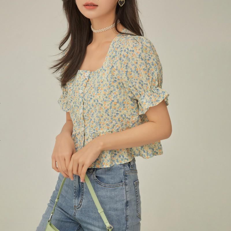 OtherMix泡泡袖碎花雪纺衫2021年夏季新款拼接荷叶边女式开衫上衣