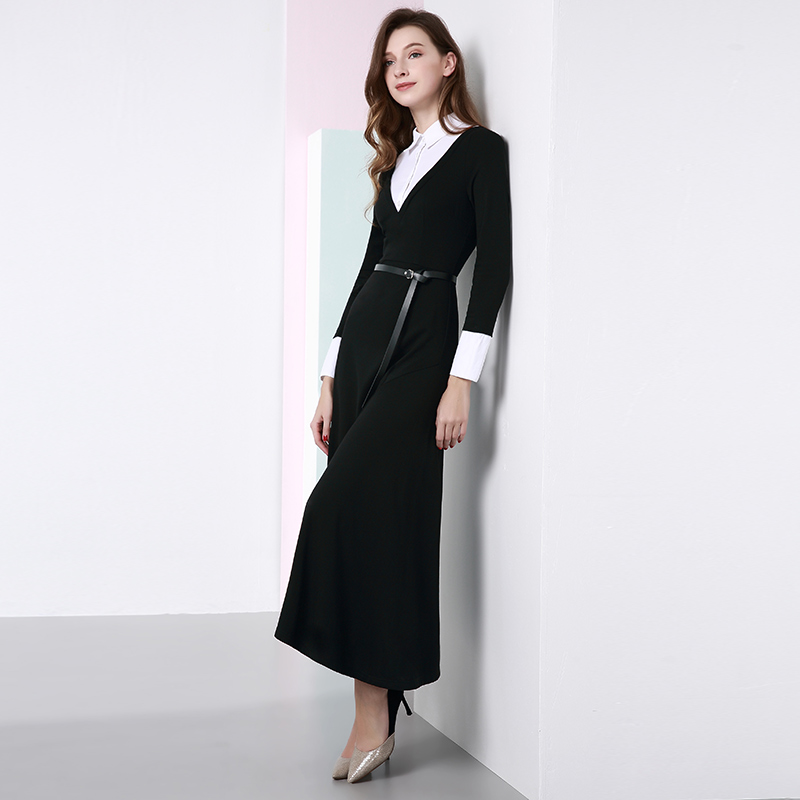 晚白2019秋季新品时尚通勤假两件长袖收腰显瘦长款A字连衣裙女