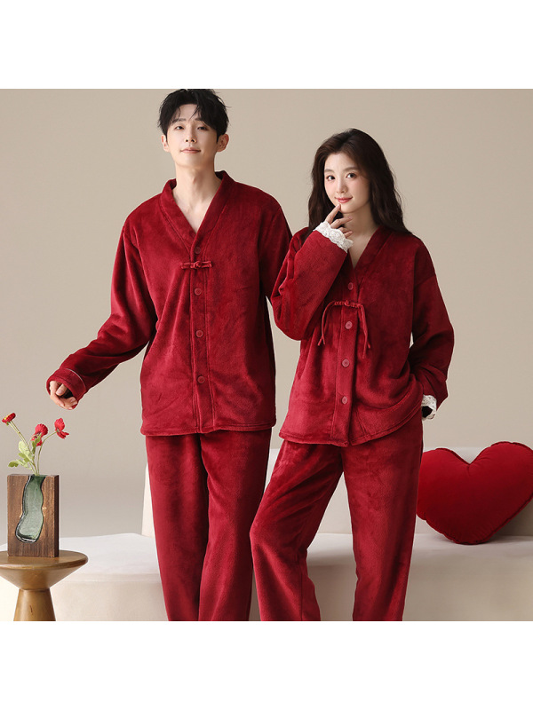 情侣睡衣秋冬季珊瑚绒本命年喜庆结婚大红色一男士一女家居服套装