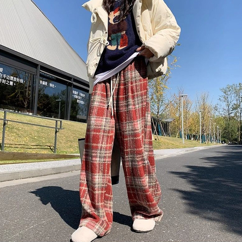 复古毛呢格子裤子女装秋冬加绒加厚新款设计感高腰垂感休闲阔腿裤