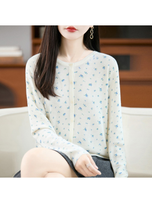 春秋新款时尚通勤复古碎花薄款针织开衫女装显瘦百搭毛衣小外套