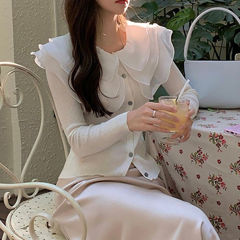 chic甜美温柔针织开衫女薄款娃娃领毛衣长袖荷叶边领拼接修身上衣图片