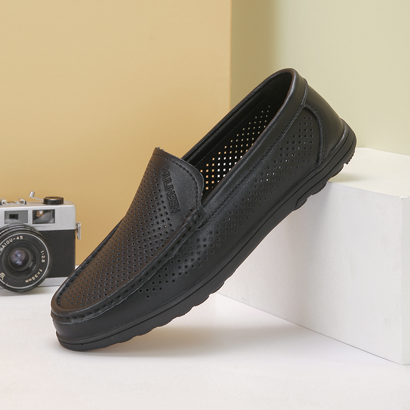 木林森夏季男士真皮透气男鞋冲孔商务休闲皮鞋镂空透气一脚蹬乐福软面