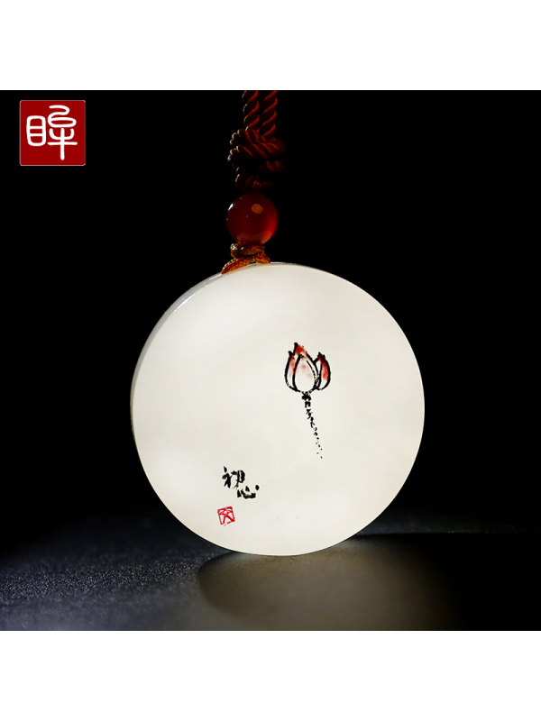 印象眸和田玉白玉吊坠荷花玉牌男女款圆形挂件玉雕大师陈朋旭工作室