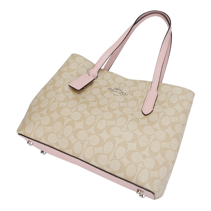 coach蔻驰奢侈品女士经典logo印花浅咖色人造革手提包单肩斜挎包f