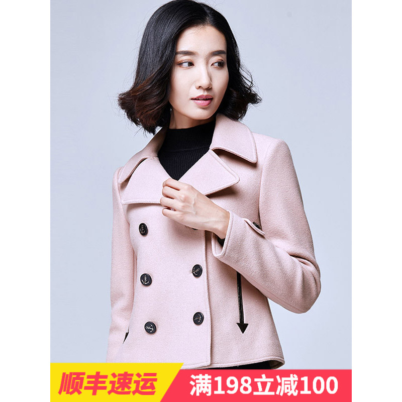 欧昵雪冬季新款小香风西装领毛呢外套女短款修身双排扣呢子衣D