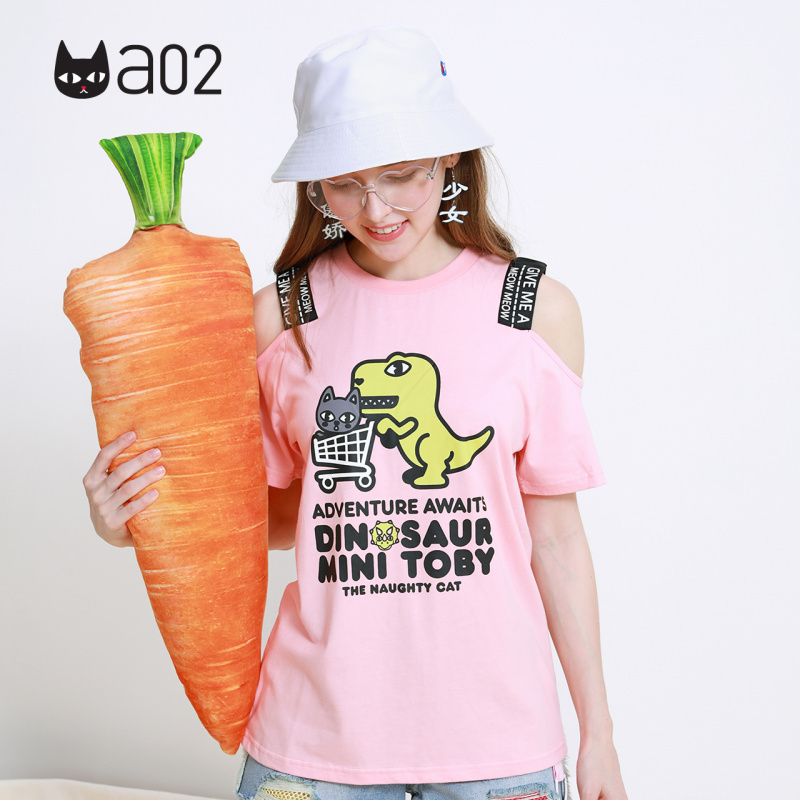 a02新款潮流玩趣卡通字母印花洋气露肩短袖T恤女DTU2D0971KT