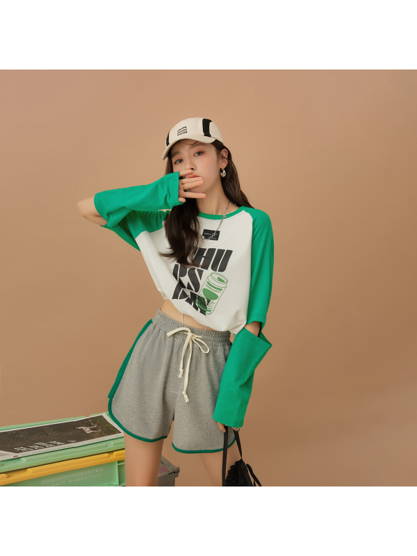 OtherMix印花拼接长袖卫衣女2021年早秋设计感炸街薄款小众上衣