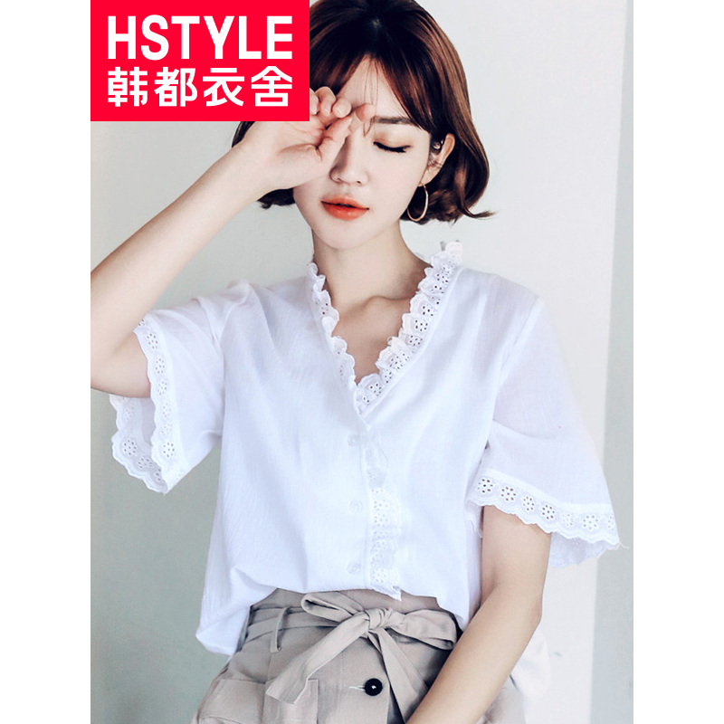 韩都衣舍2018新款女装夏装韩版纯色衬衣花边V领短袖衬衫GQ9009耒