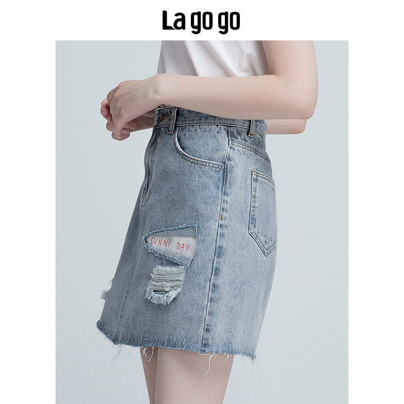 Lagogo破洞牛仔半身裙2018夏秋季新款女装浅色毛边高腰休闲裙子短款_1 155/S/36 浅牛