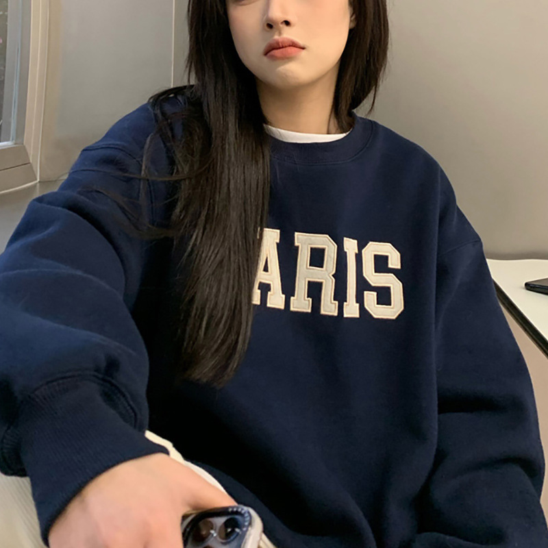加绒宽松休闲卫衣女秋冬外套古着长袖打底衫上衣韩国女装