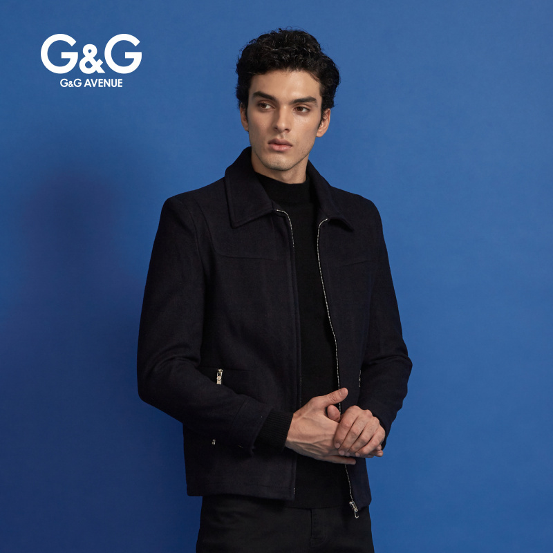 G＆G 男士冬季呢子大衣男翻领短款毛呢大衣韩版潮流修身商务夹克