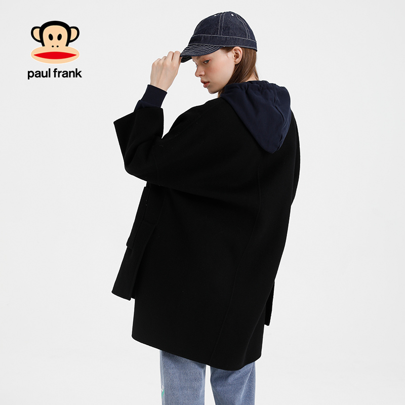 Paul Frank/大嘴猴秋冬毛呢外套女纯色韩版宽松时尚外衣 黑色 M