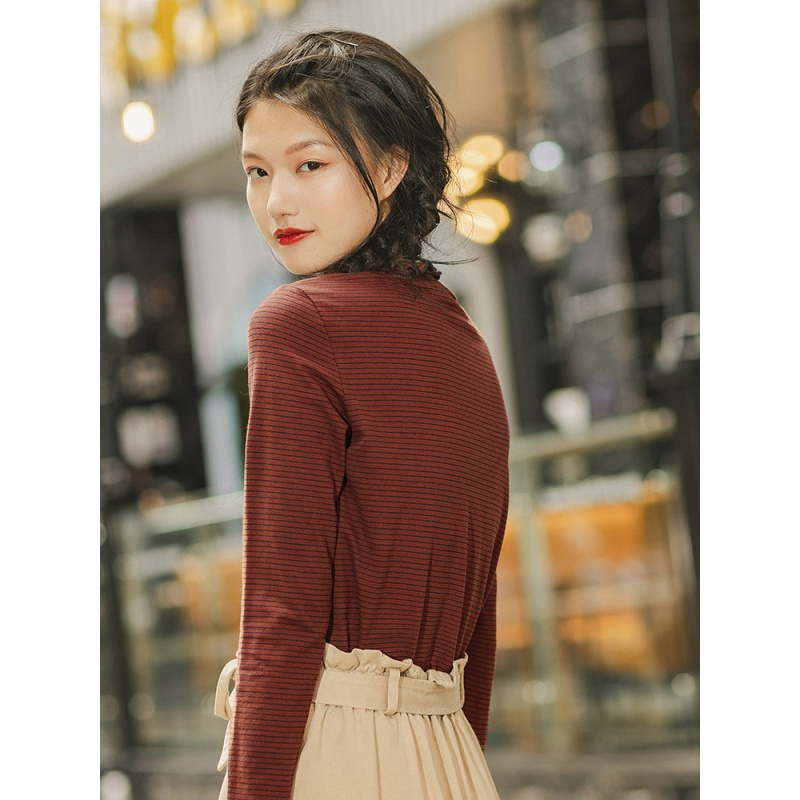茵曼T恤女2019秋装新款木耳花边立领细横条纹显瘦百搭打底衫上衣