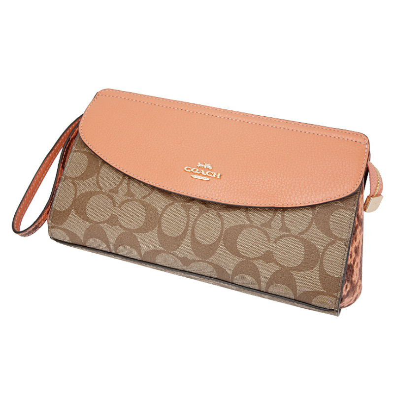 coach蔻驰奢侈品女士卡其拼色人造革配皮手拿包手腕包