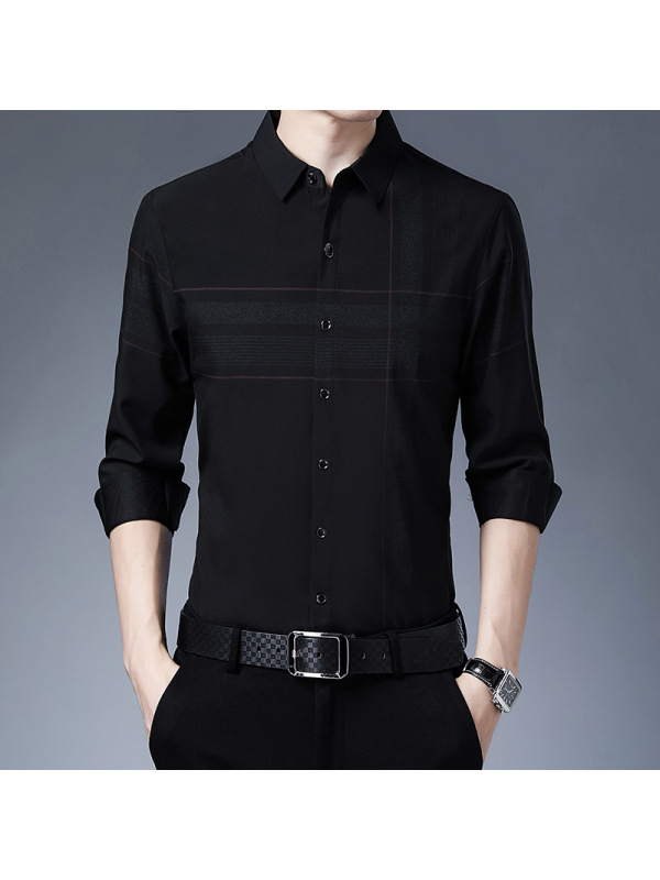 Ceba长袖衬衫男商务休闲免烫衬衣青中年印花修身韩版寸衣薄款外