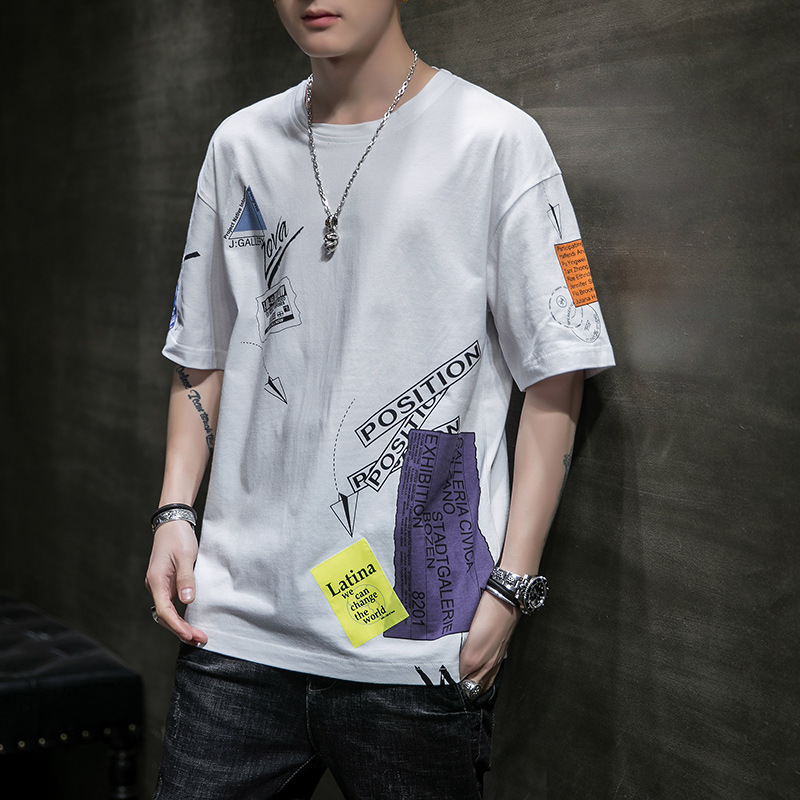 休闲男装短袖夏季新品t恤男圆领宽松印花纯棉打底衫t恤男士潮
