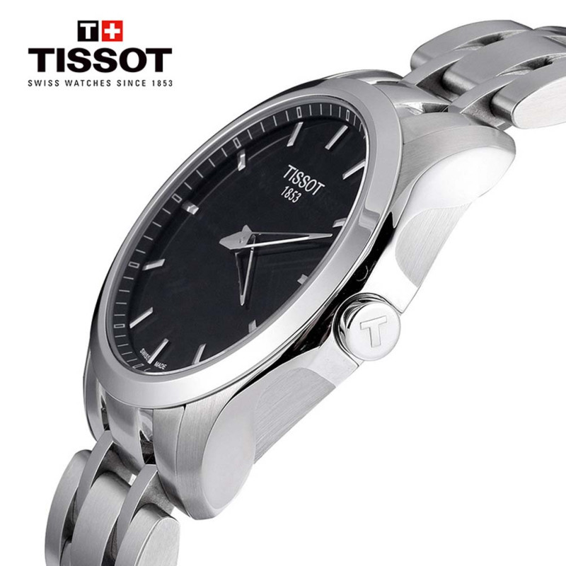 天梭(TISSOT)瑞士手表 库图系列简约黑盘钢带男士石英表T035.446.11.051.00