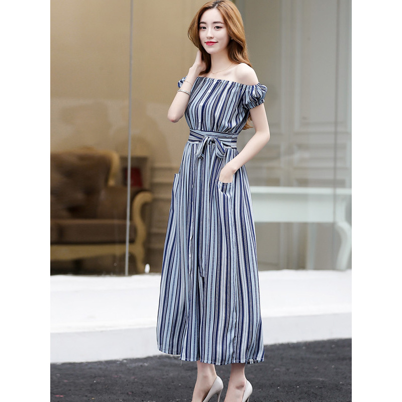 丝柏舍2019女装夏装时尚条纹一字领短袖长款连衣裙S72R0964L