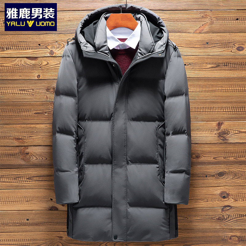 新品时尚简约连帽中长款纯色白鸭绒男士保暖羽绒服1013YA19906