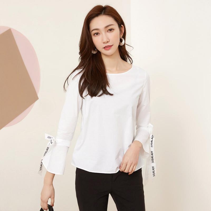 【热卖】拉夏贝尔衬衫女蝴蝶结系带秋长袖宽松韩版百搭chic港味衬衣