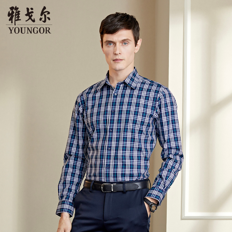 Youngor/雅戈尔男装商务正装纯棉面料 修身剪裁 时尚格纹深蓝格纹衬衫050FKY