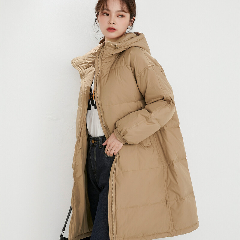 Three Sons2022女式纯色帽子连帽中长款女装加厚款白鸭绒羽绒服