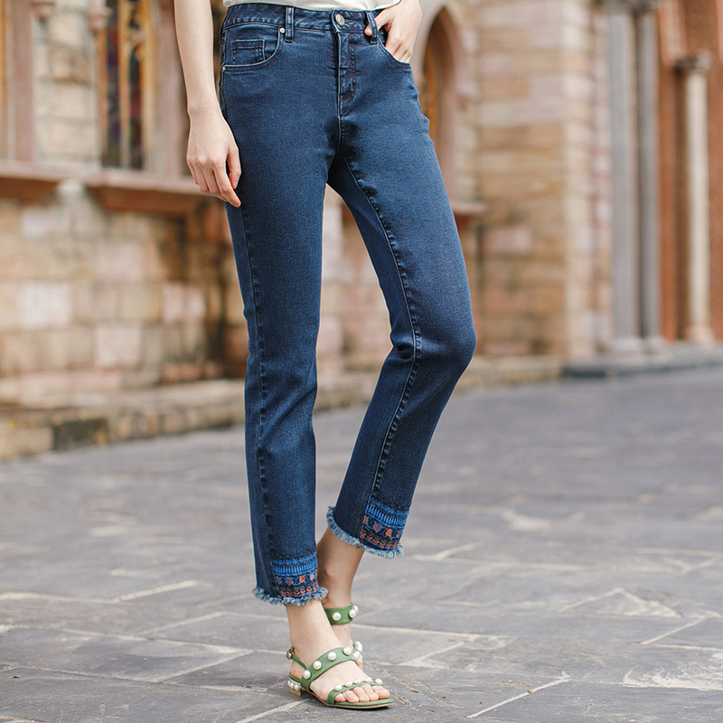 茵曼夏装修身显瘦毛边刺绣小脚弹力牛仔裤女九分裤铅笔裤